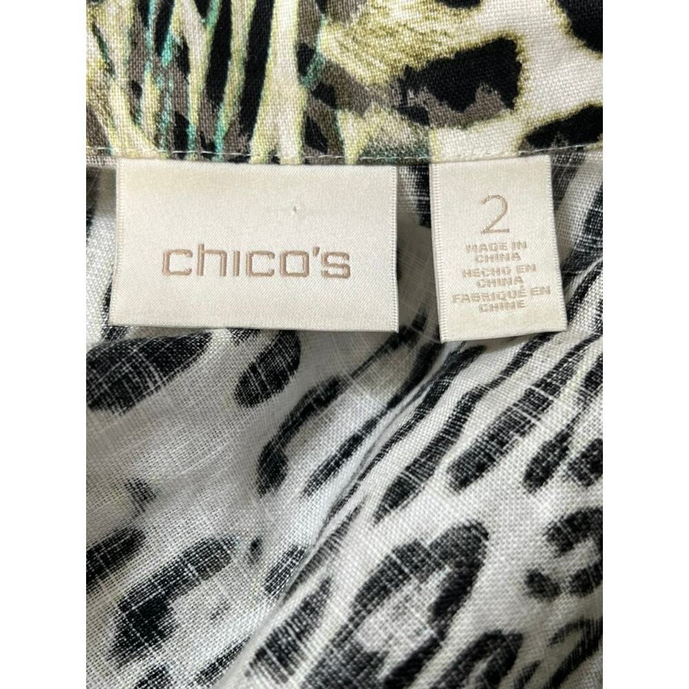 Chico's Animal Print 100% Linen Zipper Pockets Moto Open Blazer Size 2 - Picture 7 of 9